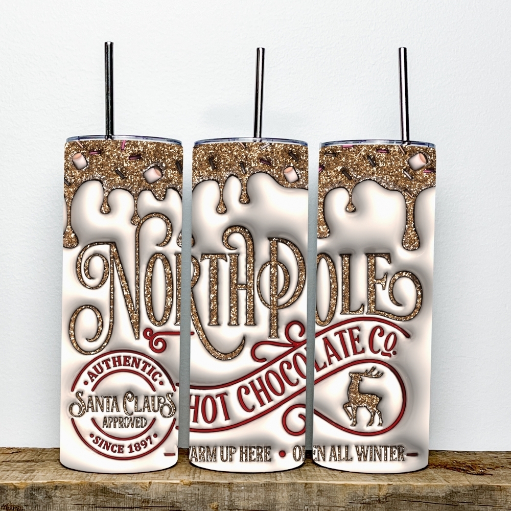 Christmas North Pole Hot Chocolate Inflated Glitter Drip 20z Skinny Tumbler
